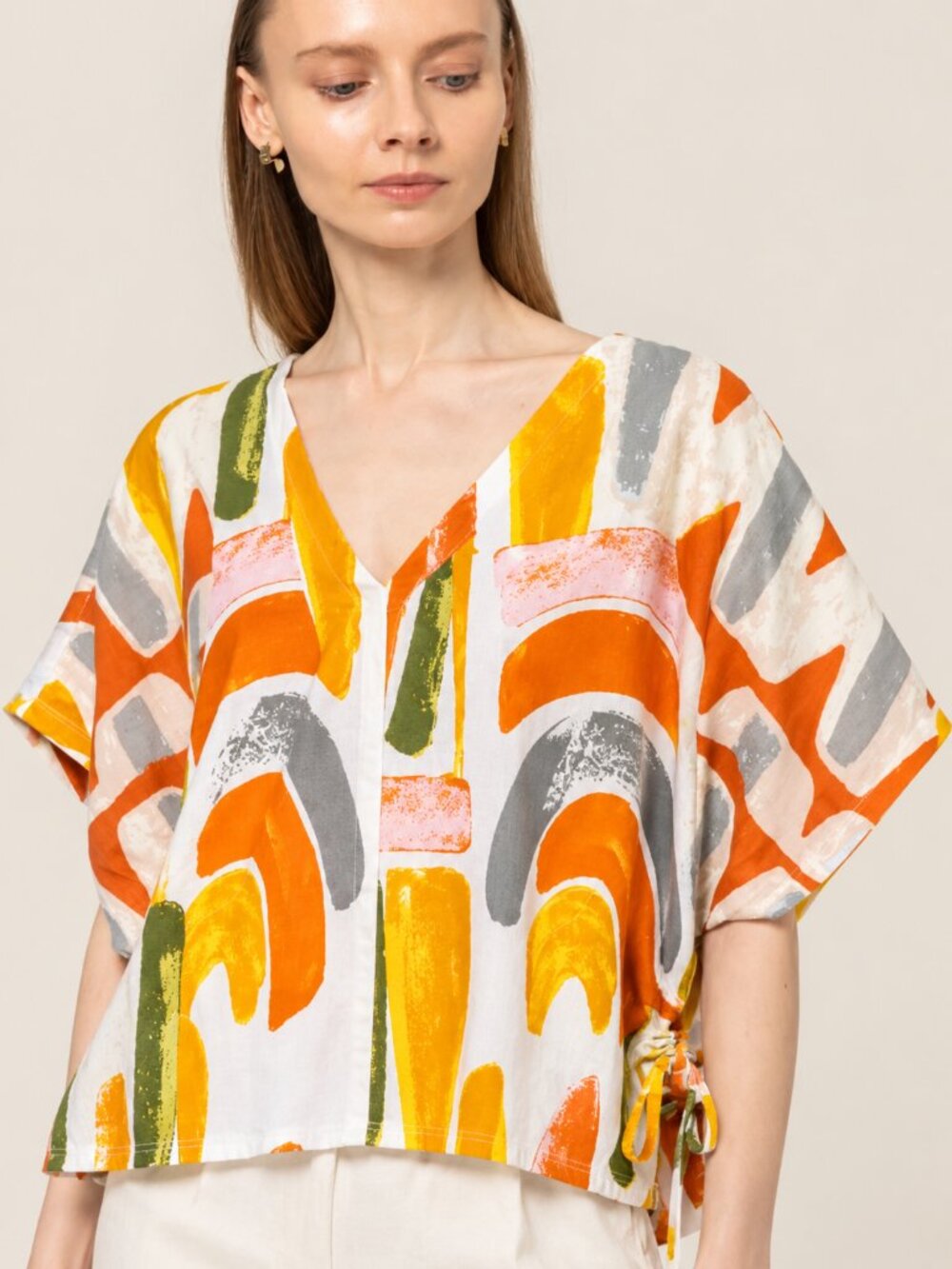 BEL KAZAN Isla Adobe Vista Print Side Tie Cinch Oversized Dolman Top SZ Large XL